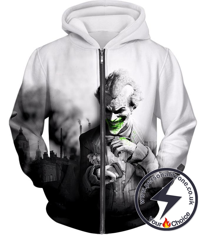 Deadliest Villain The Joker HD Graphic White Zip Up Hoodie